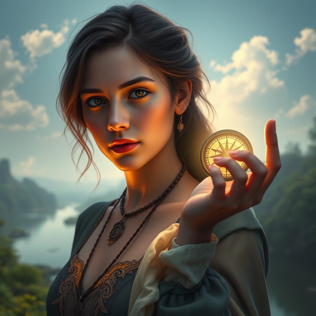 Mystical River Goddess with Glowing Compass