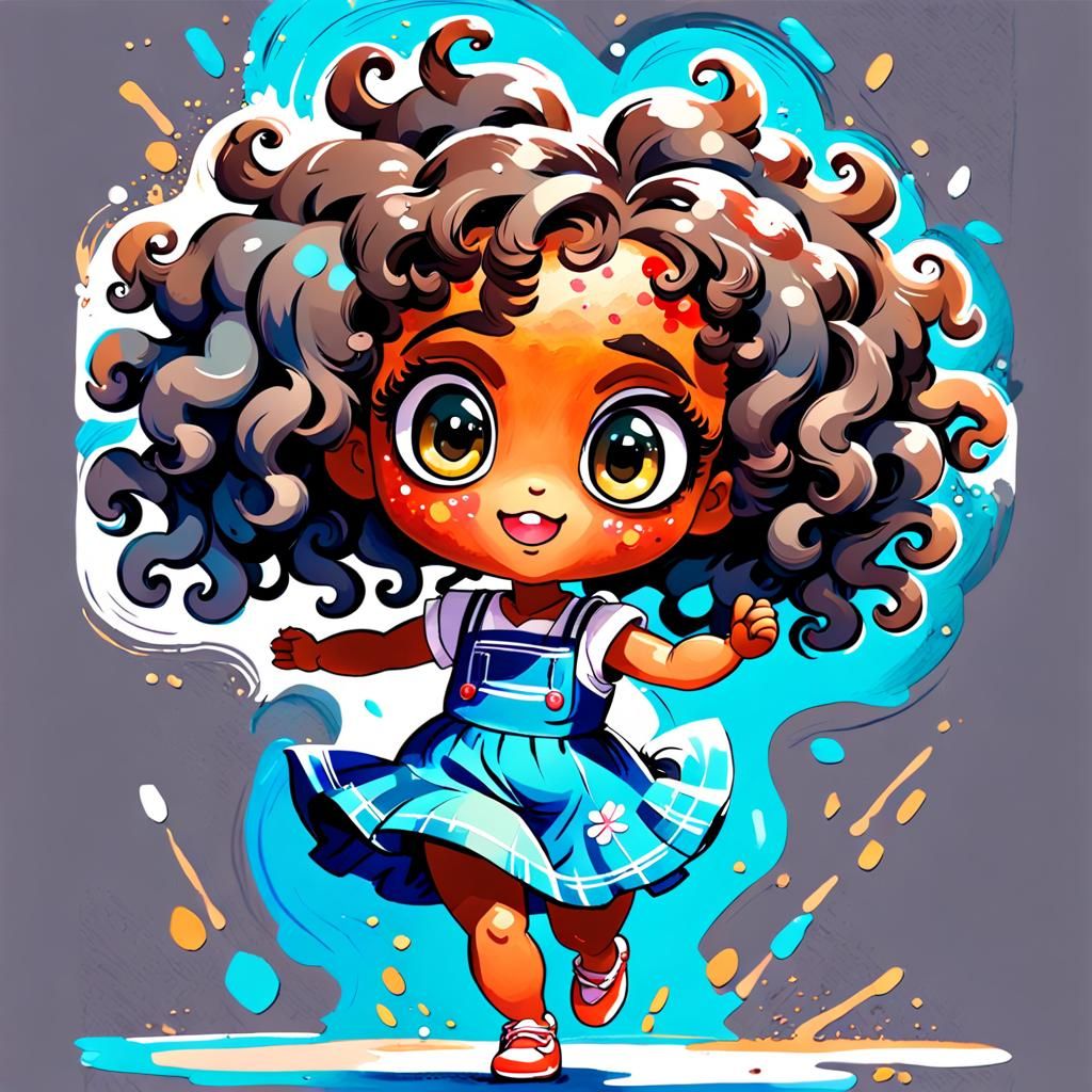 Adorable Chibi Girl Dancing in Watercolor Gouache Style