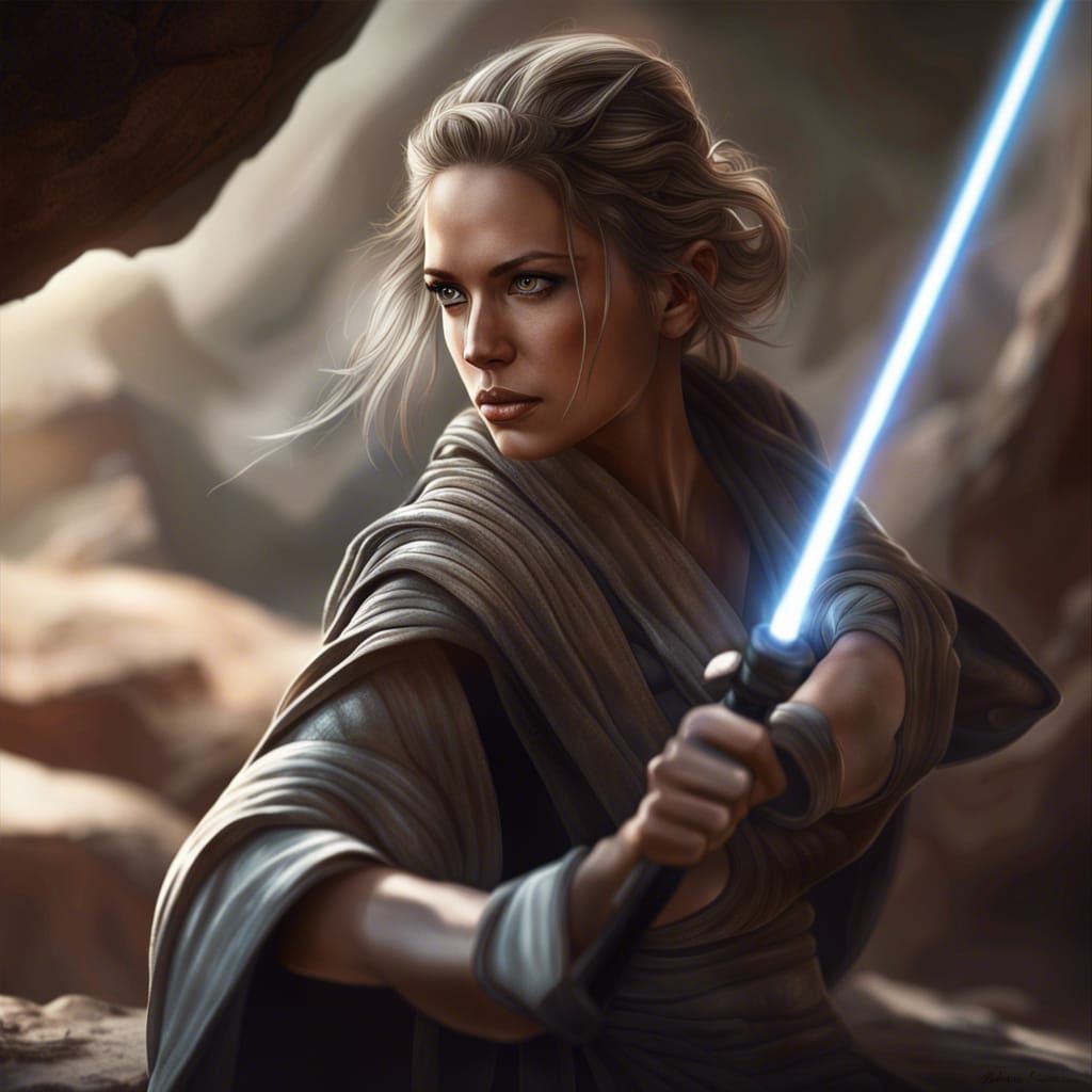 Gorgeous Jedi Knight Ascends Rock with the Force