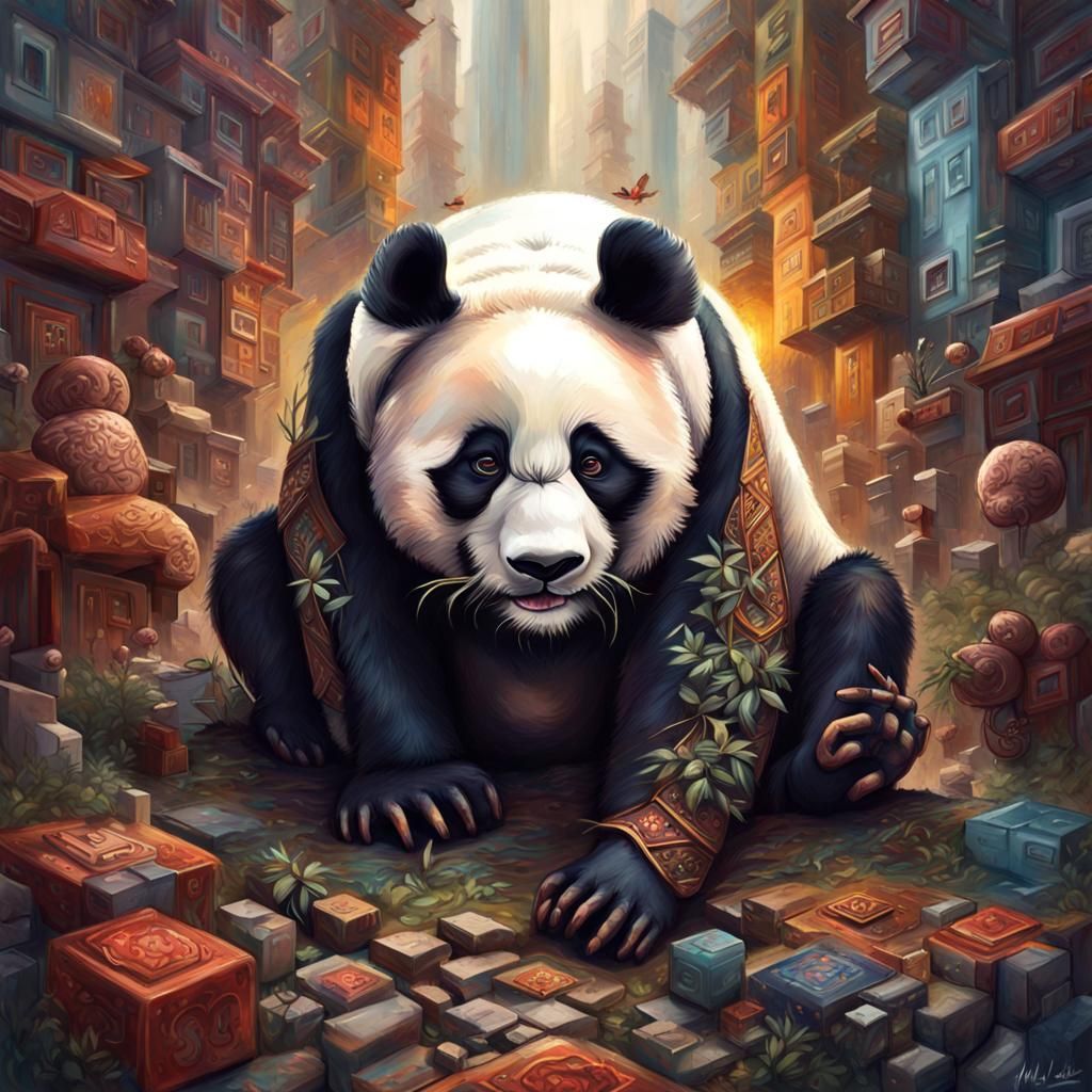 Intricate Panda in Gloomy, Detailed Digital Art