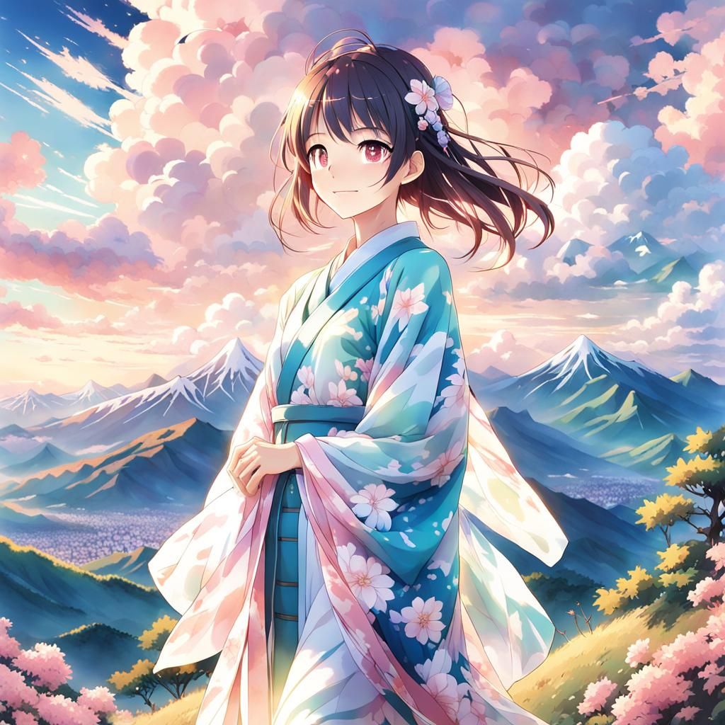 Cute Anime Girl in Kimono, Watercolor Style