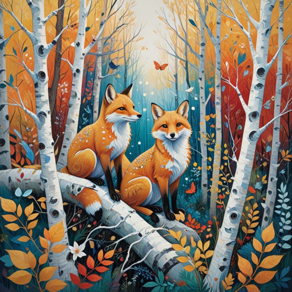 Vibrant Forest Creatures in Dreamlike Abstract Art