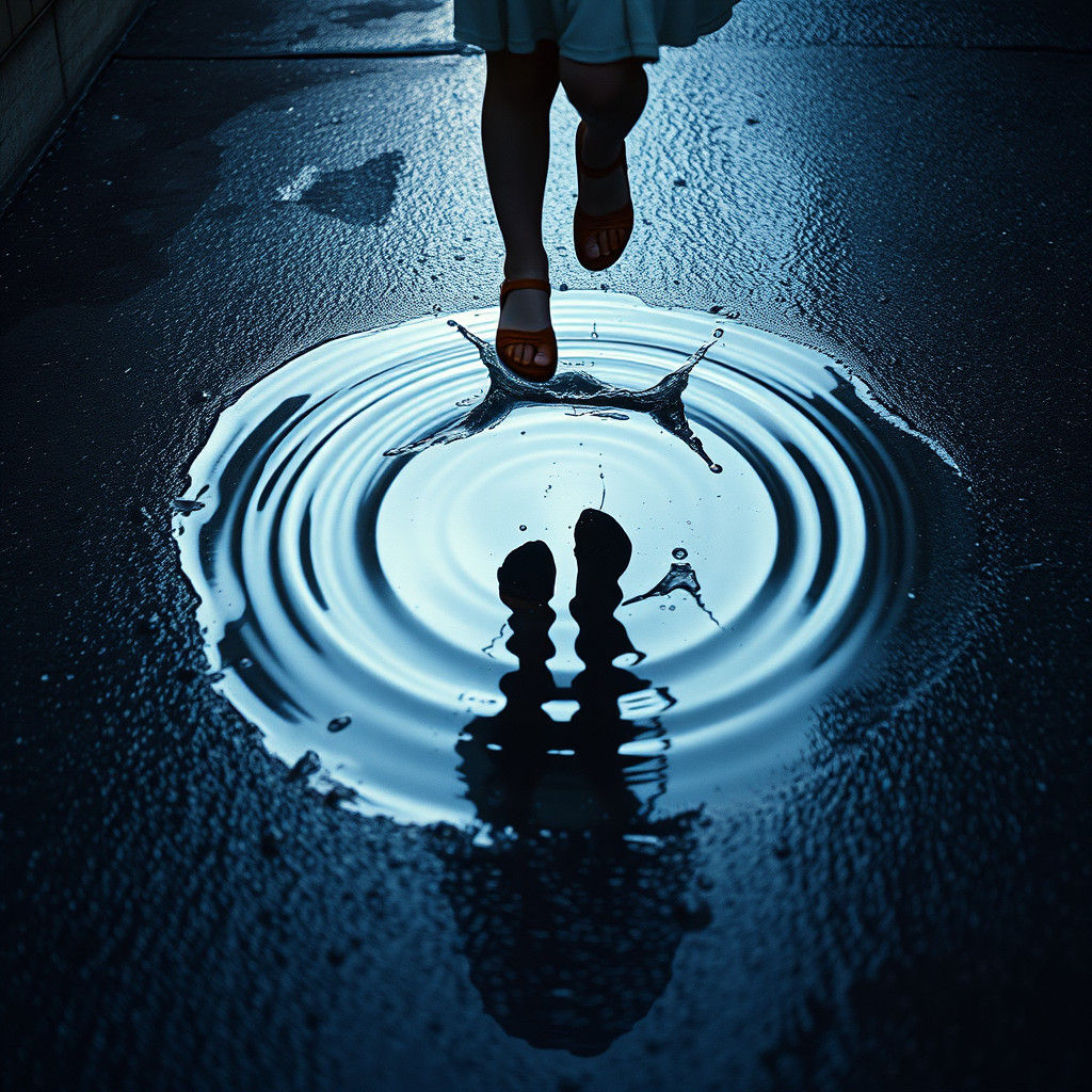 Ethereal Reflection: Girl Splashing in Rain Puddle