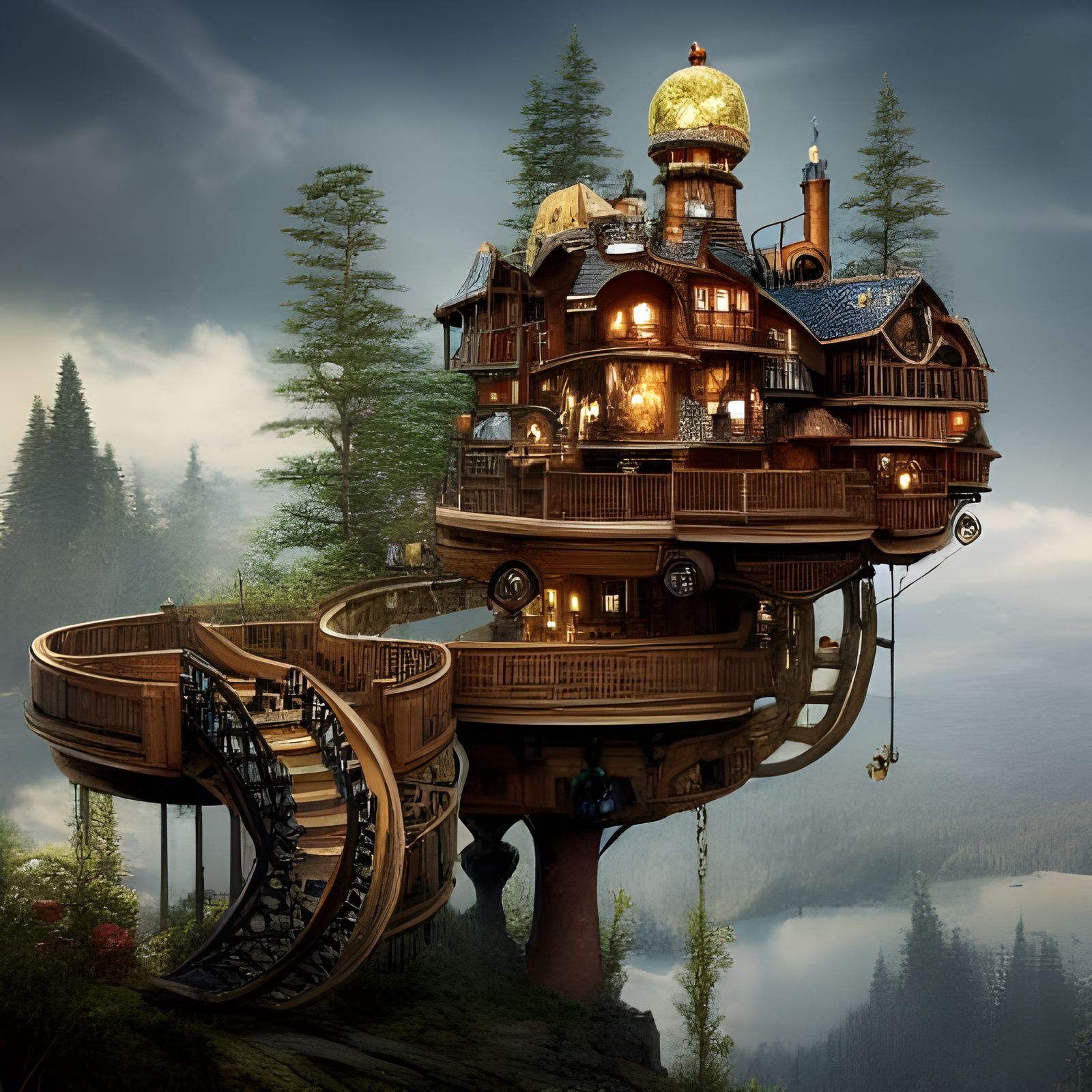 Steampunk Mountaintop Treehouse Palace in Fantasy Style
