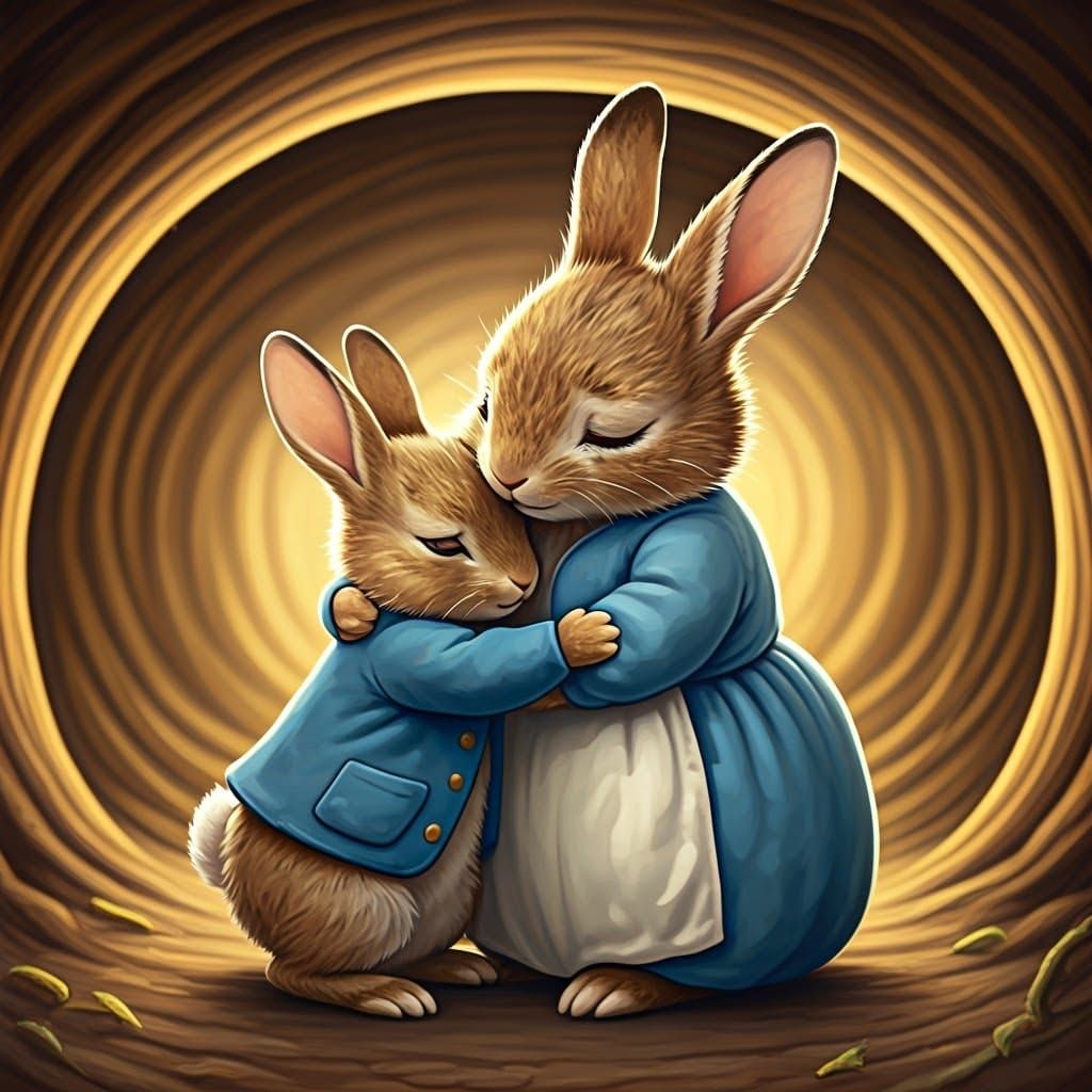 Tender Moment of a Young Rabbit with His Mother