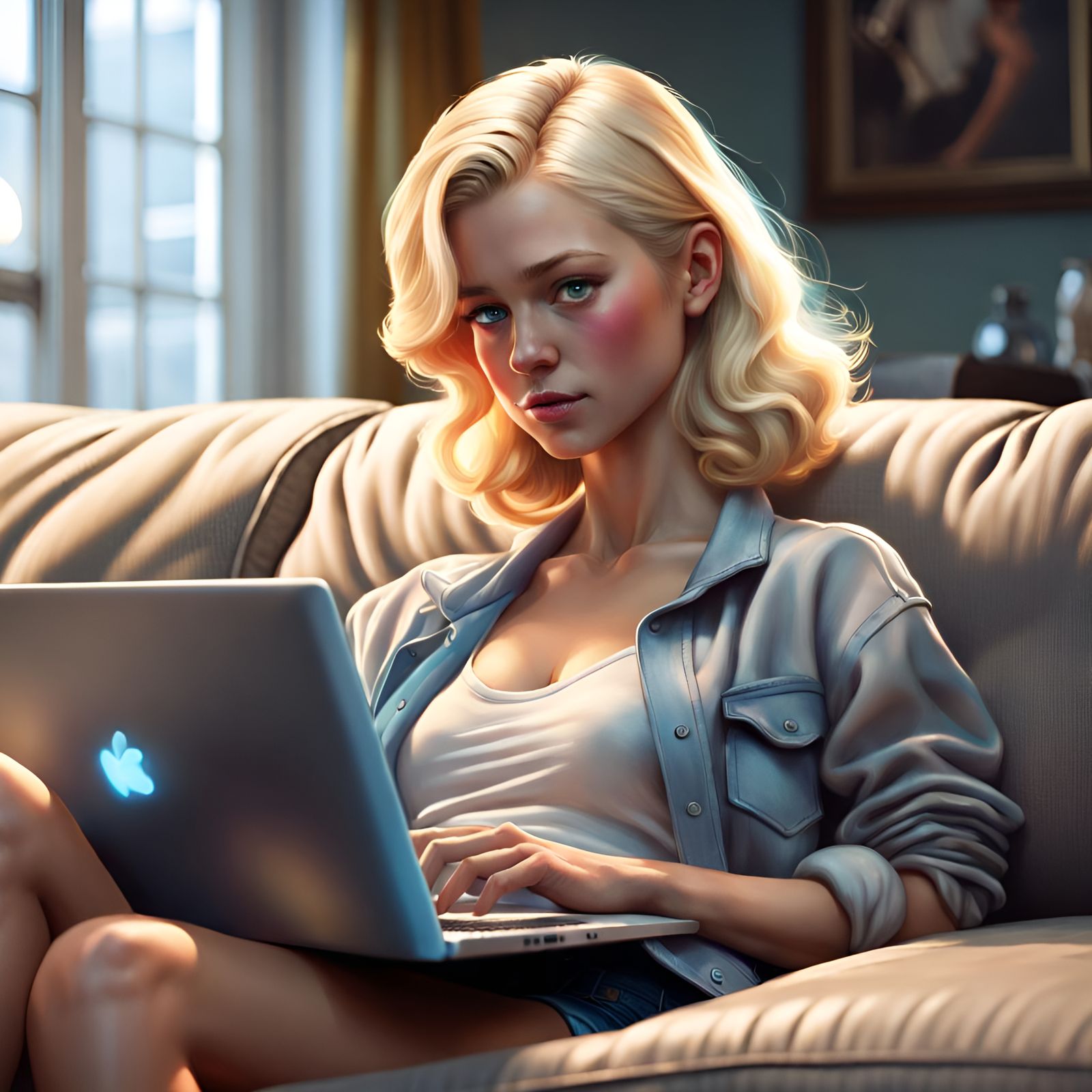 Blonde on Couch: Digital Art Inspired by Artgerm
