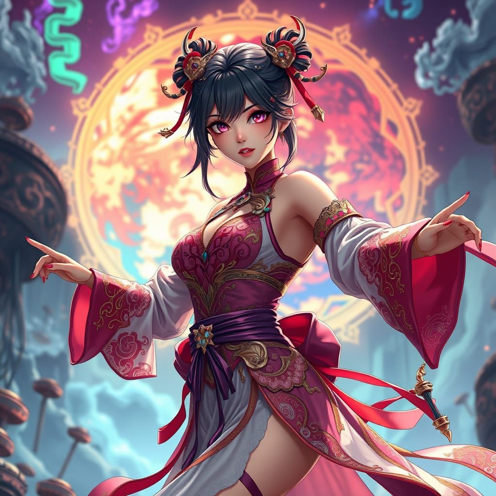 Anime Woman Heroic Pose in 3D Rendered Style