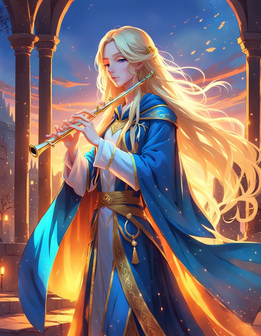 Anime Bard with Flute in Sunset Light