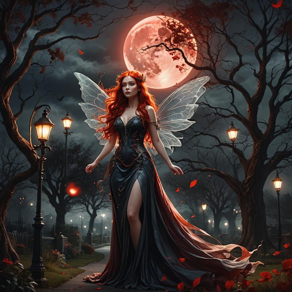 Fiery Fairy in Dark Fantasy Garden: Conceptual Art