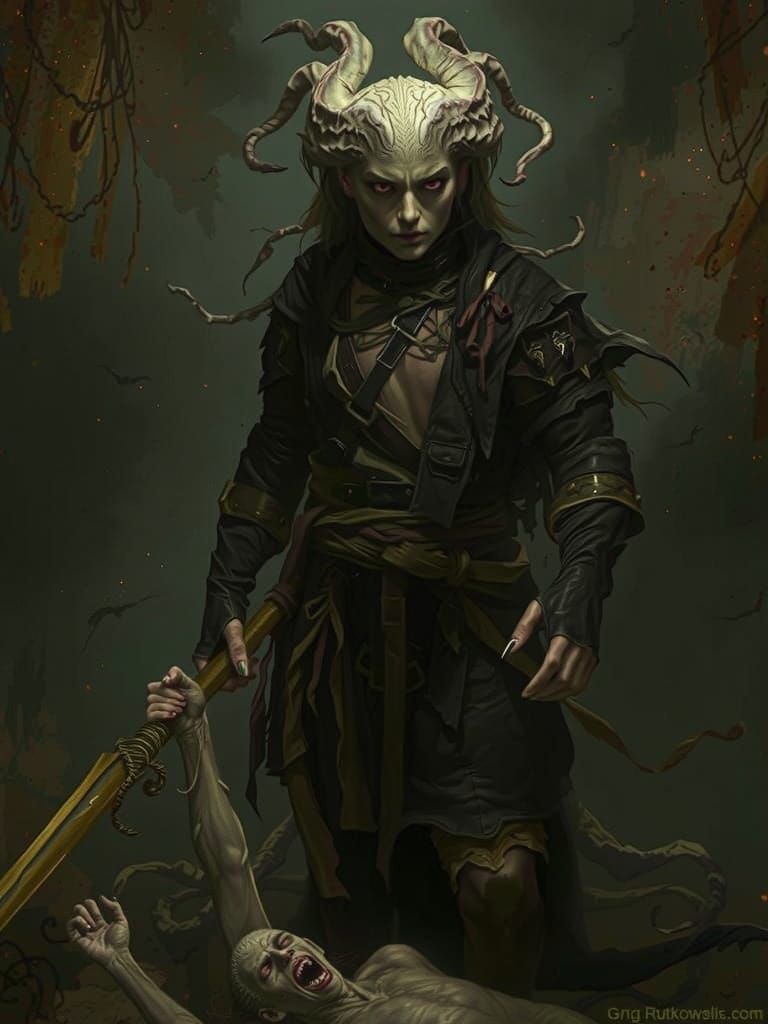 Medusa Discovers Petrified Victim in Dark Fantasy Landscape