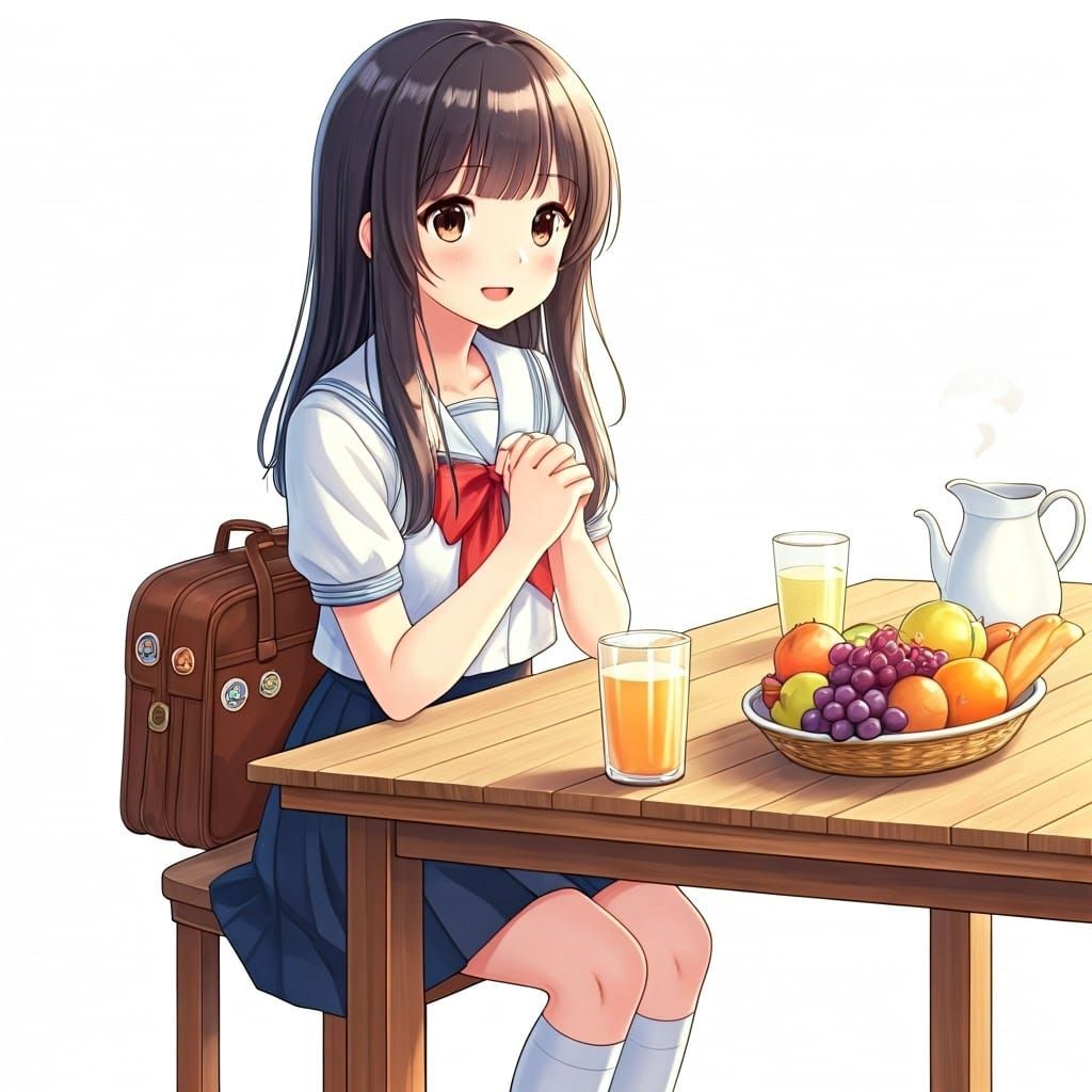 Anime Girl at Table with Milk and Fruit