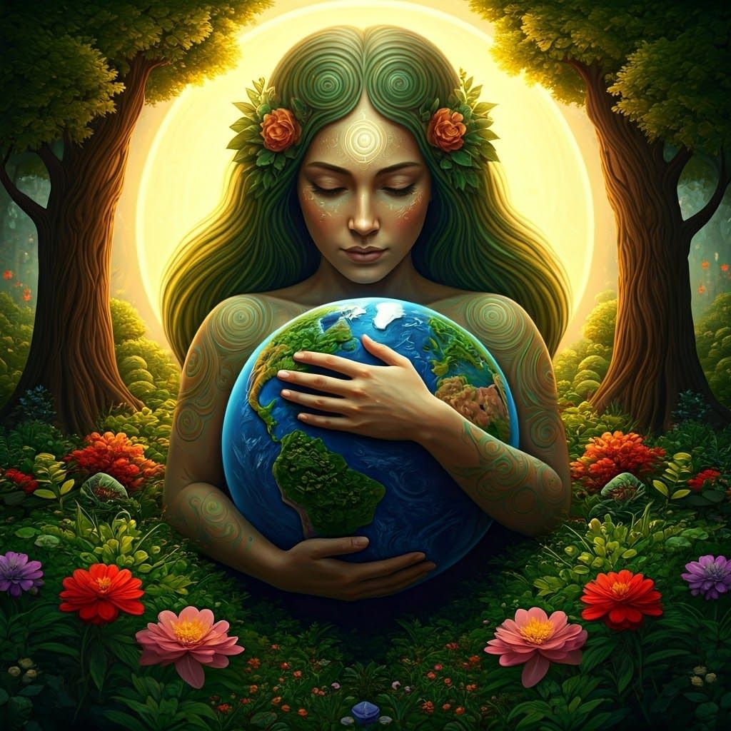 Mother Gaia Cradling Earth: Dreamy Ethereal Portrait