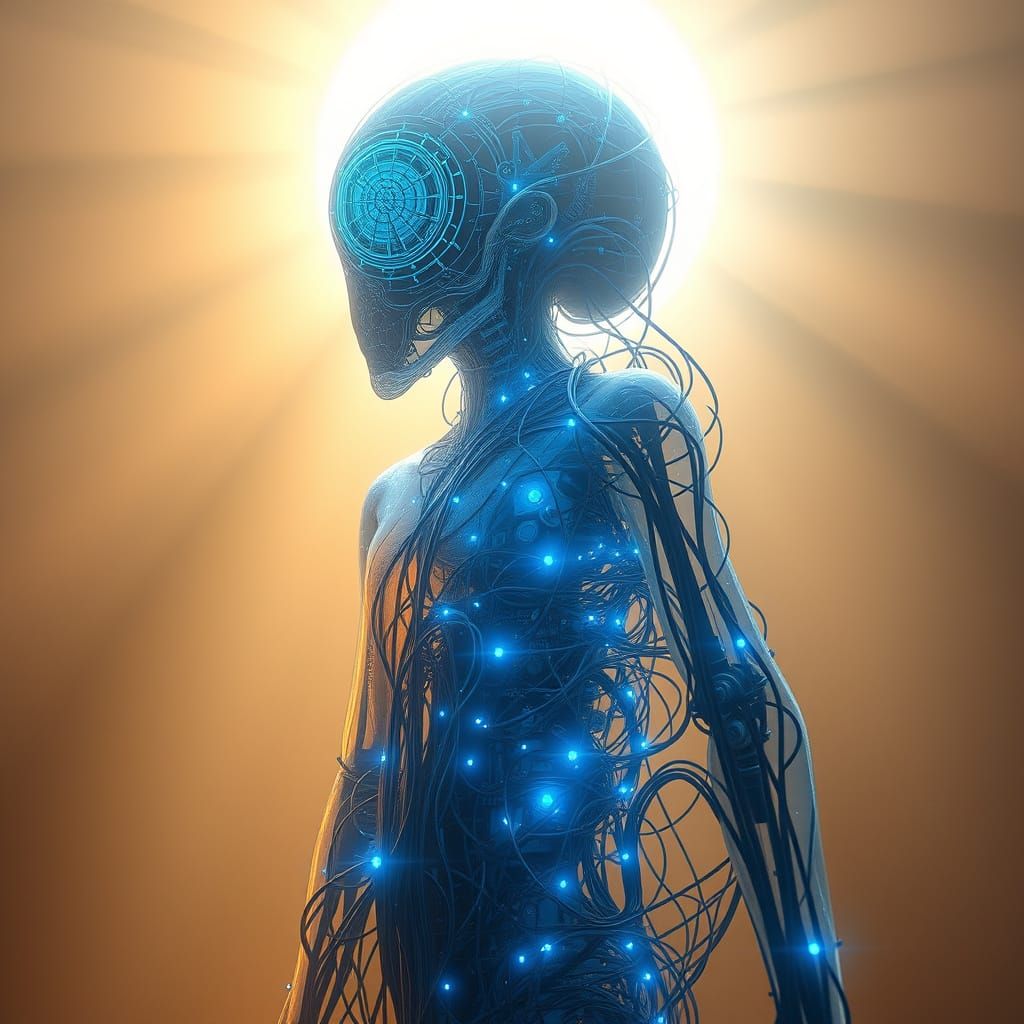 Cybernetic Being Awakens in Ethereal Glow