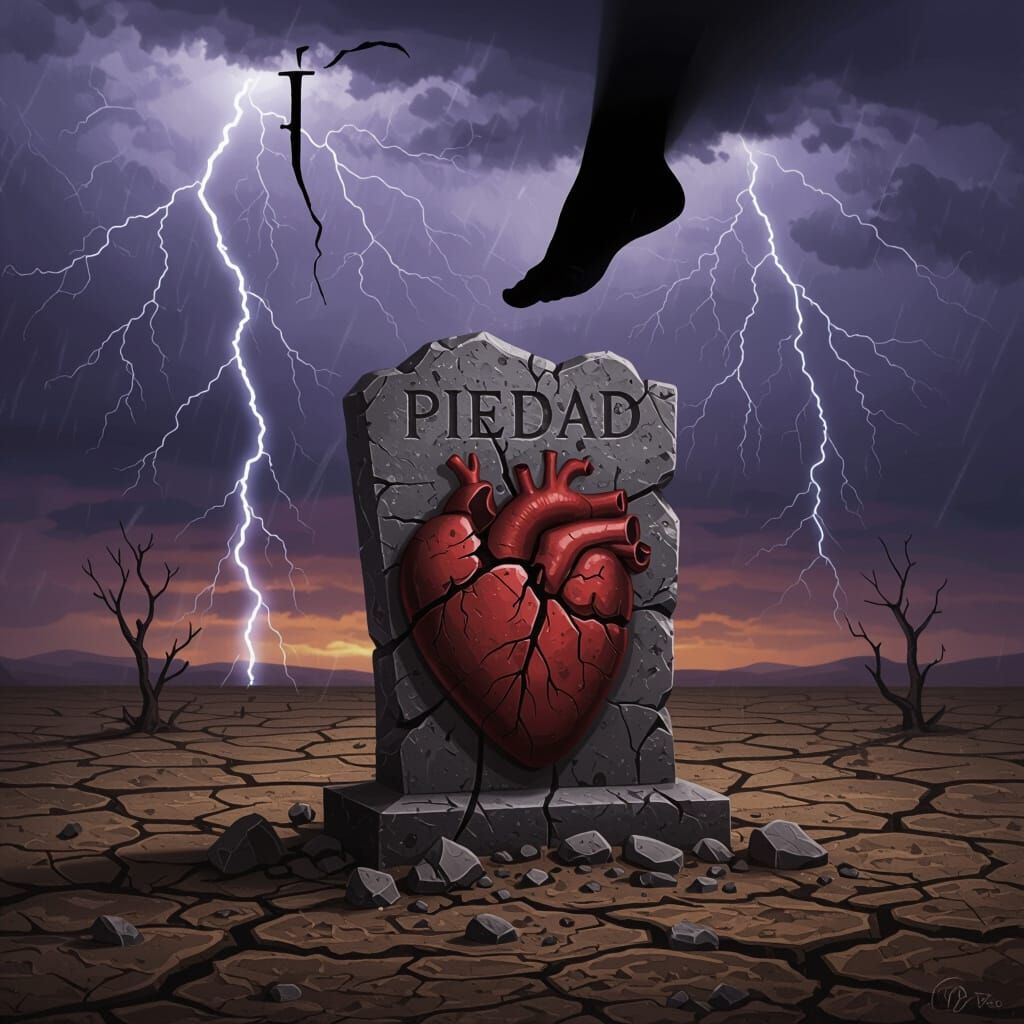 Cracked Stone Heart Monument in Stormy Gothic Landscape