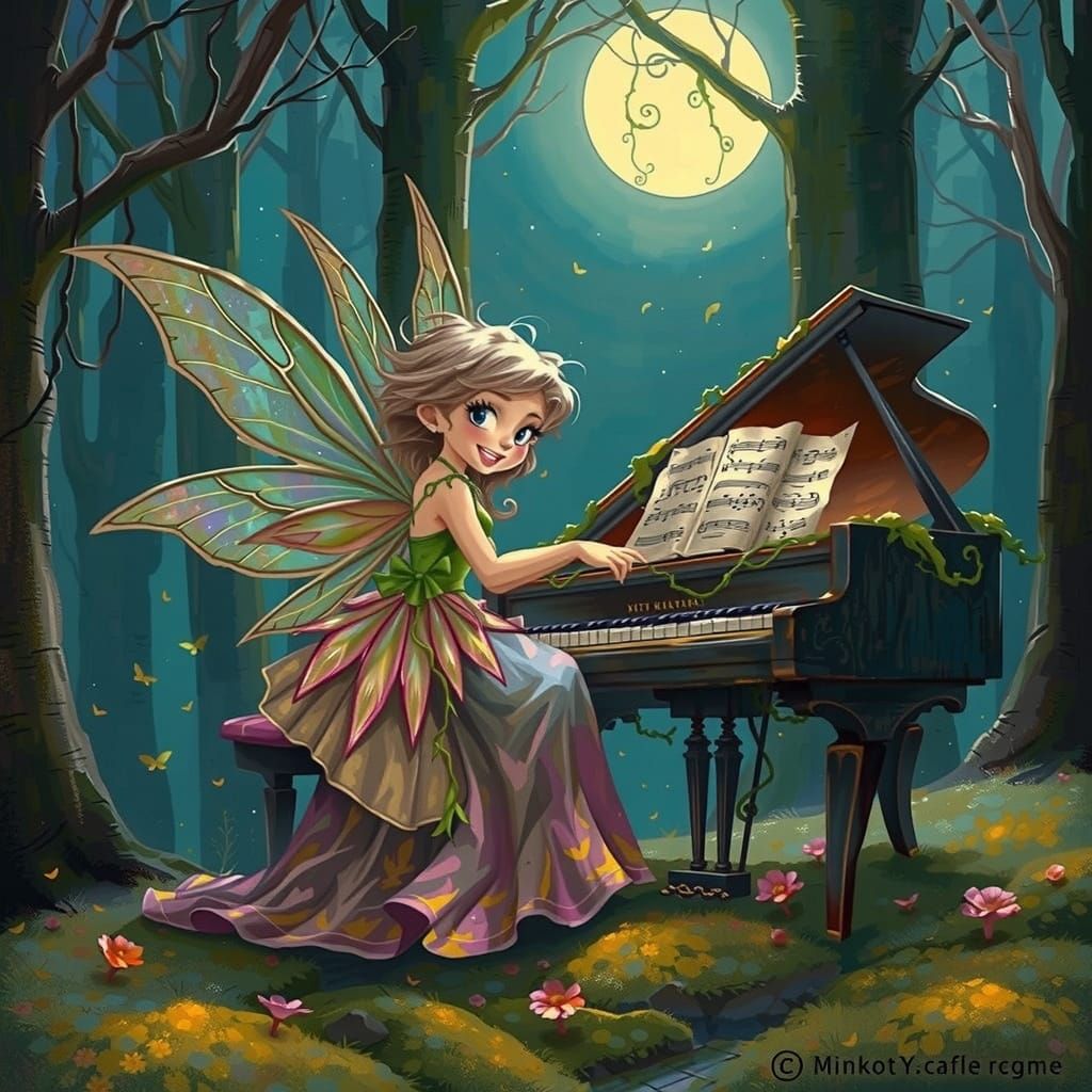 Whimsical Fairy Plays Piano in Enchanted Forest
