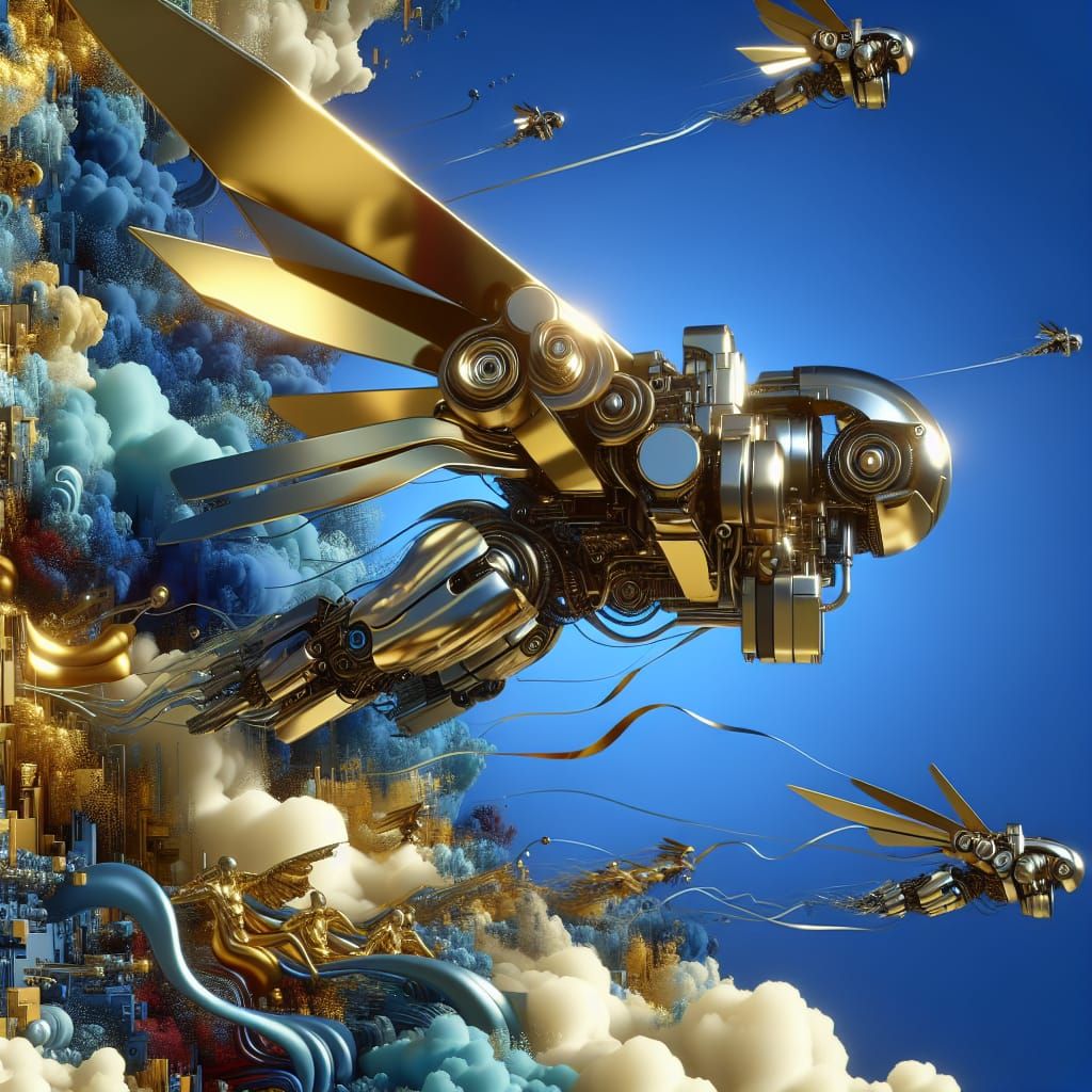 Gold and Silver Robots Soaring in Blue Sky
