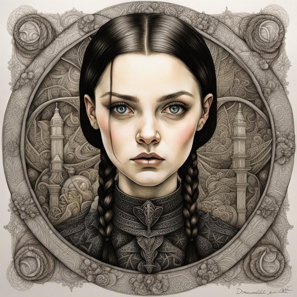 Wednesday Addams Zentangle in Watercolor and Ink