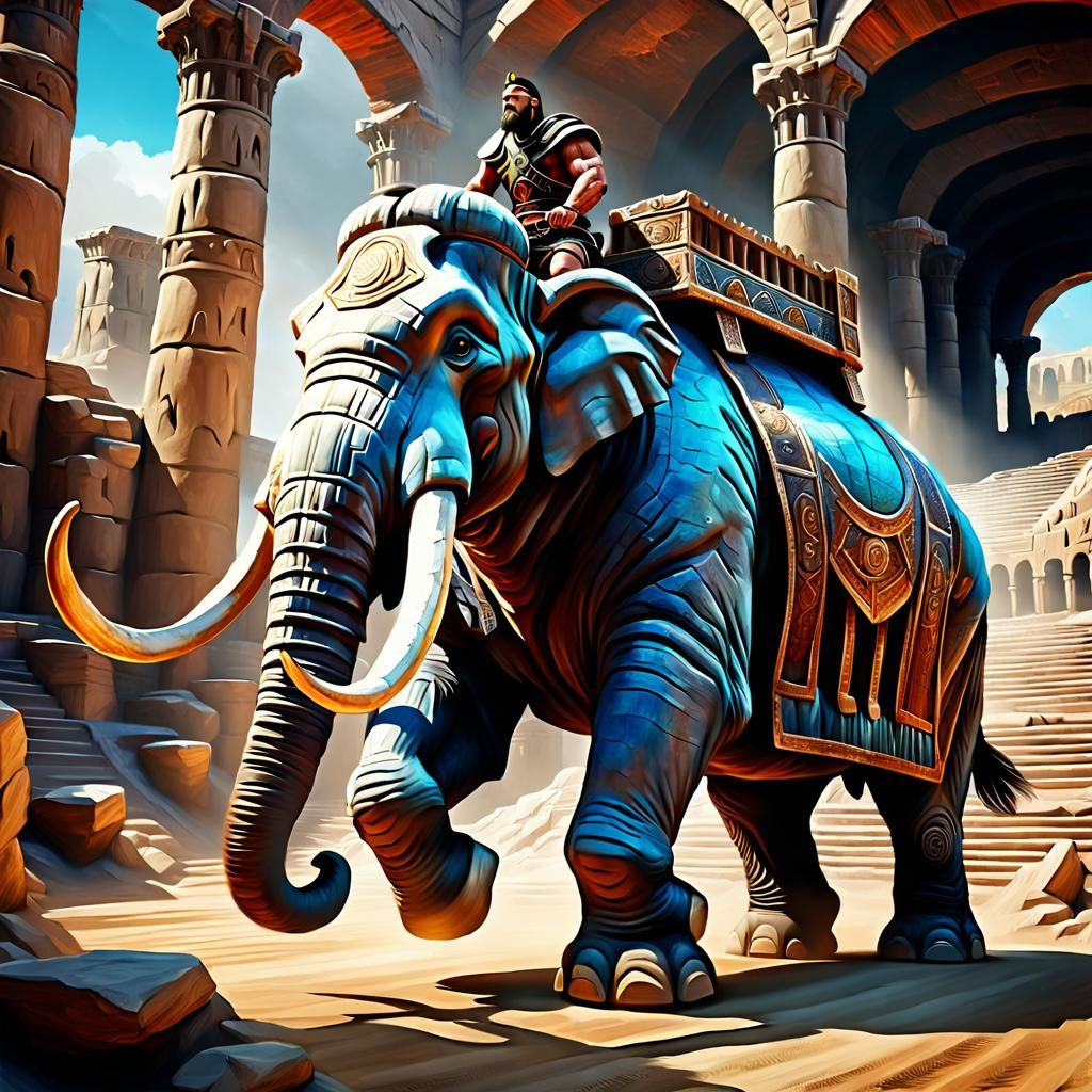 Gladiator on Mammoth in Colosseum: Surreal Impasto Art
