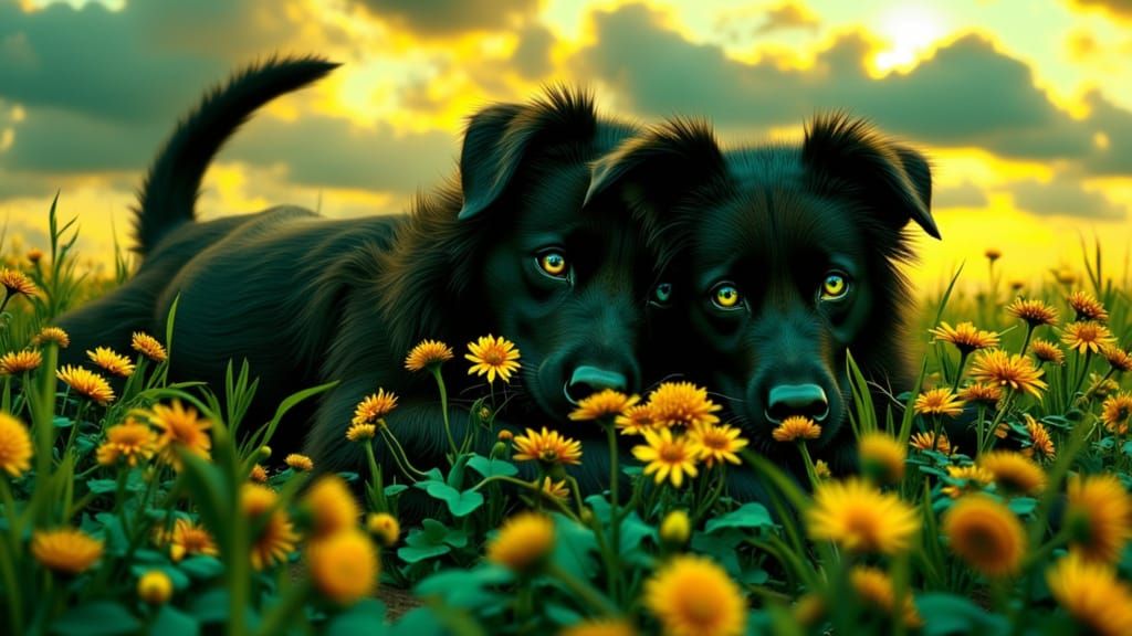 Dog Friends in Flower Field at Dawn with Gold and Green