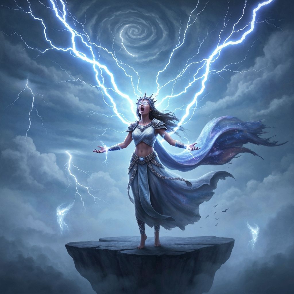 Celestial Priestess Commands Storms in Epic Fantasy Art