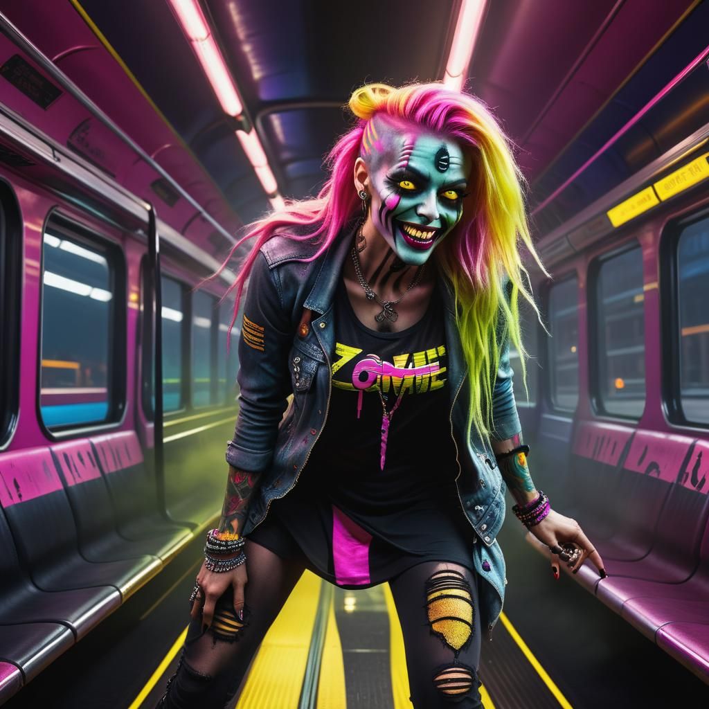 Grunge Zombie Portrait on a Neon Train