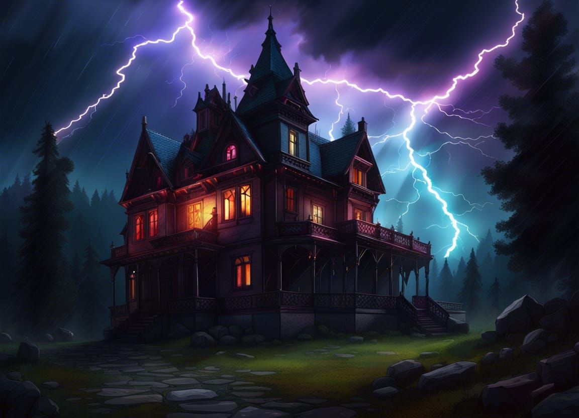 Stormy Night: Lightning Strikes Gothic Mansion