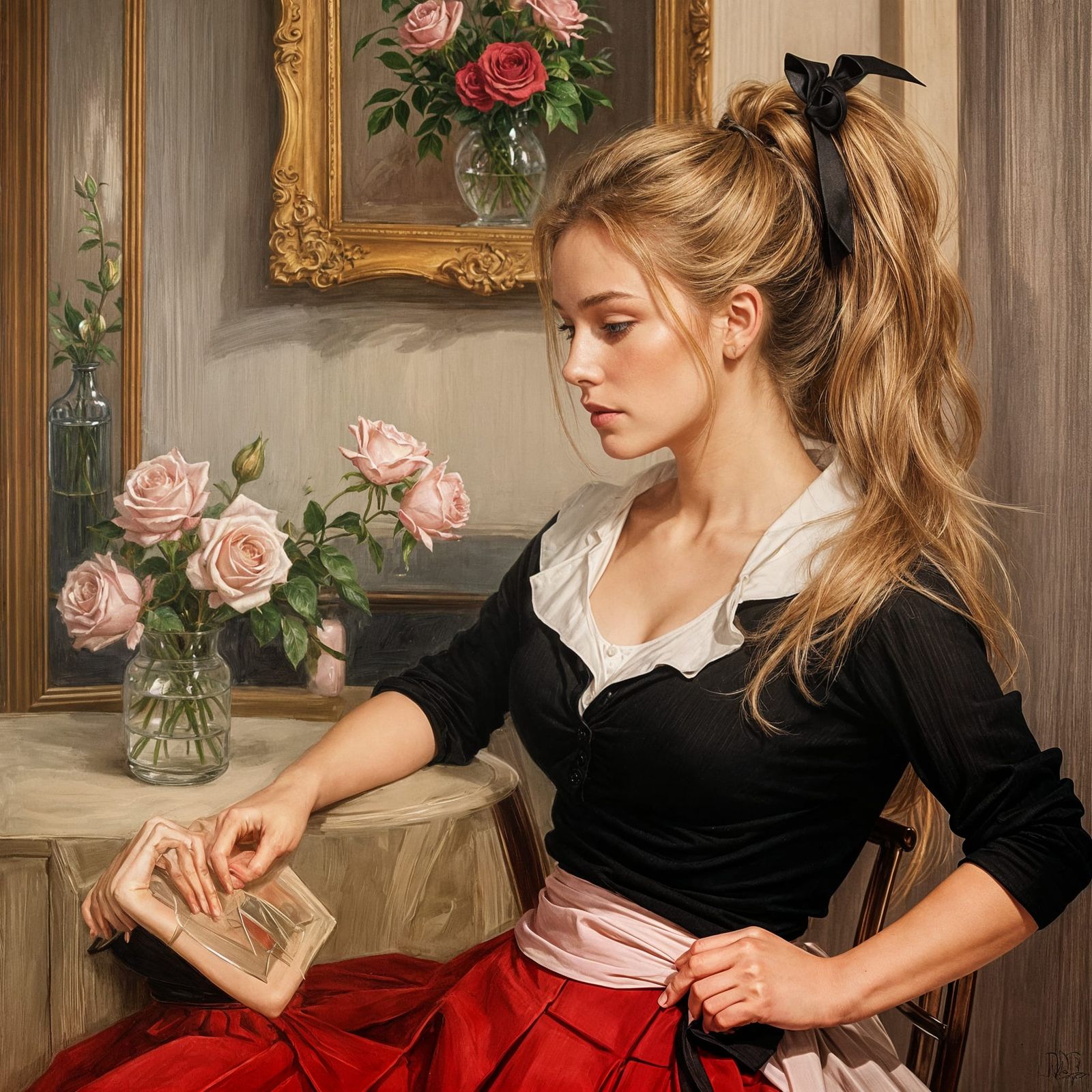 Woman Contemplating a Vintage Photograph in an Impressionist...