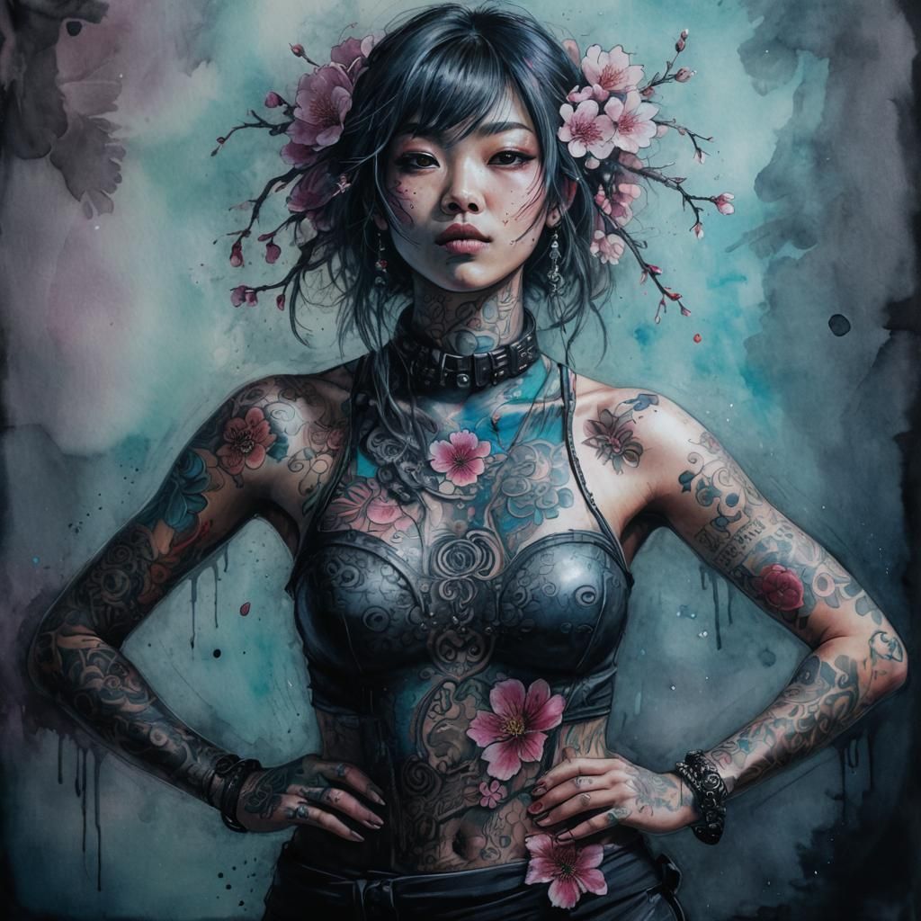 Korean Girl Portrait with Cherry Blossom Tattoos