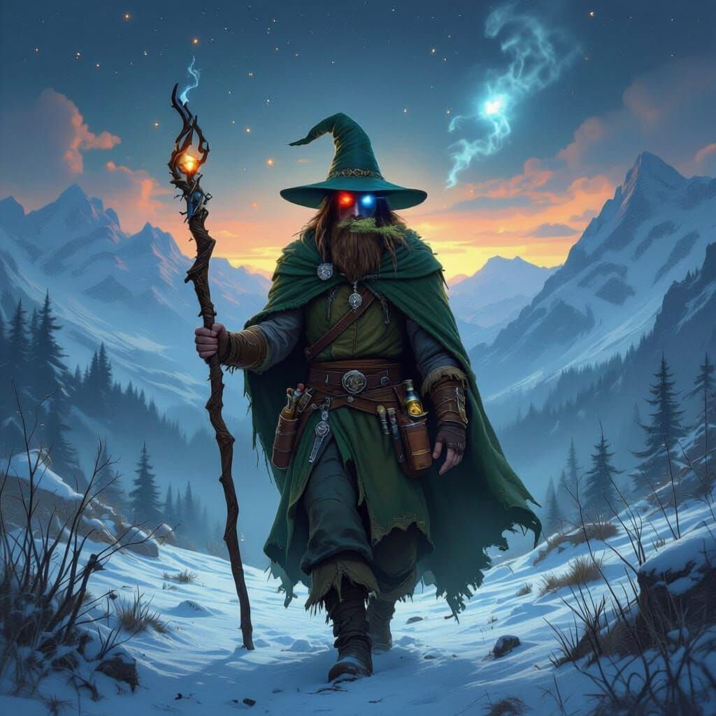 Lonesome Sorcerer in Snowy Skyrim Night