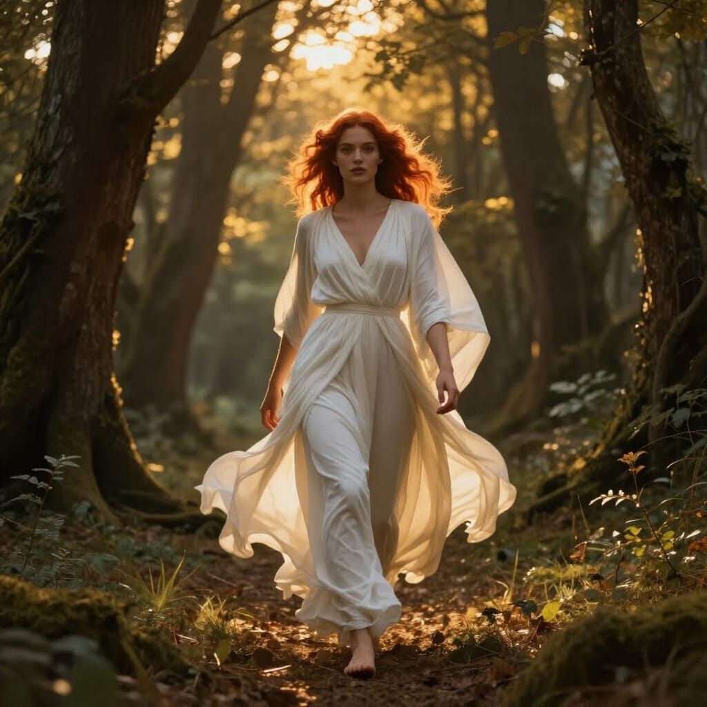 Fantasy Forest Walk: Woman in Golden Sunset Light