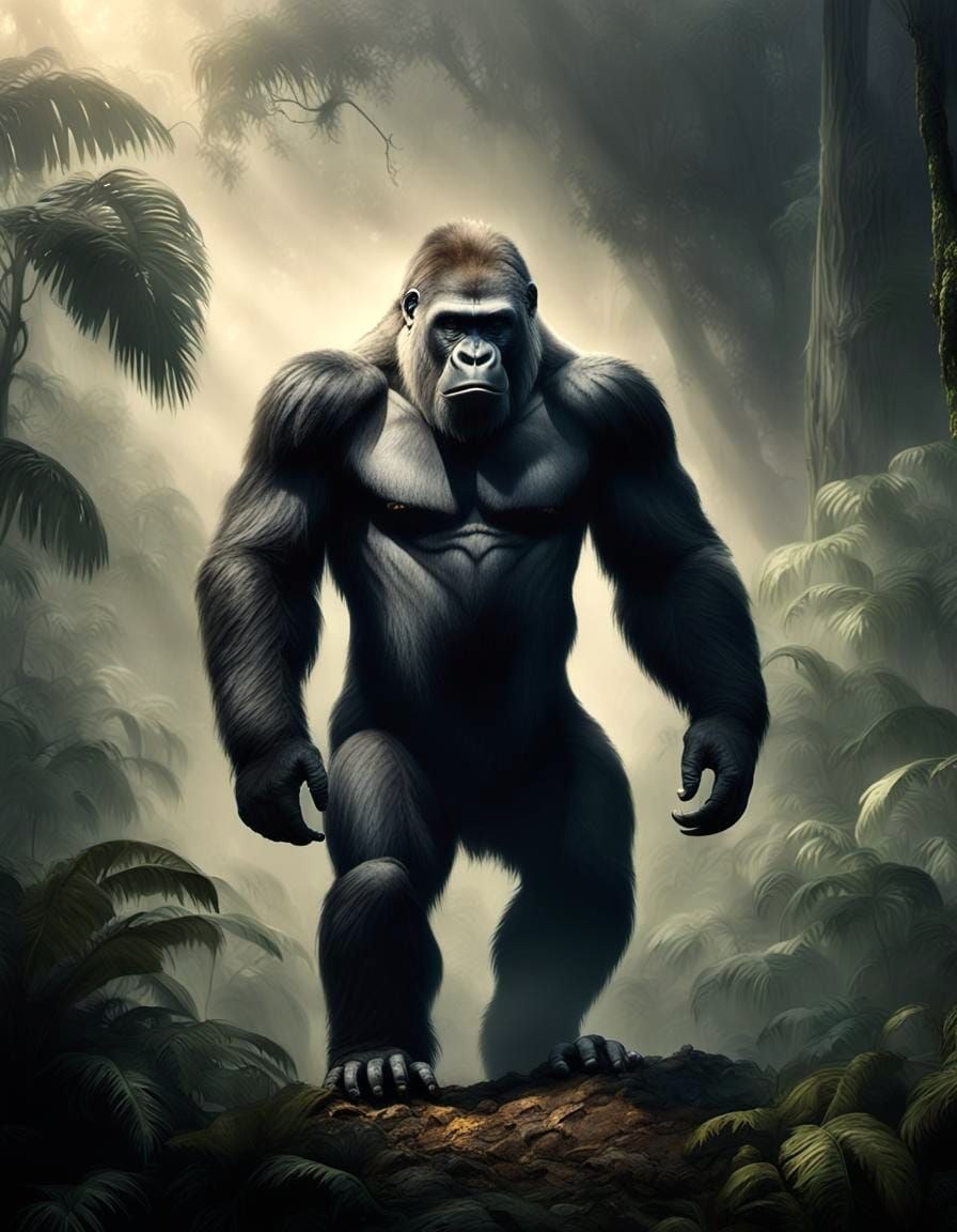 Epic Gorilla in Myst: Dramatic Digital Charcoal Art