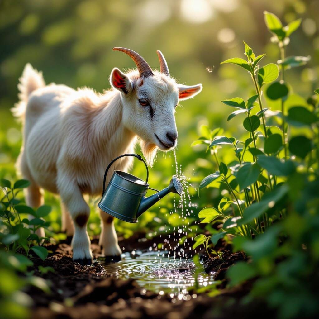 Goat Waters Plants in Sparkling Sunlight