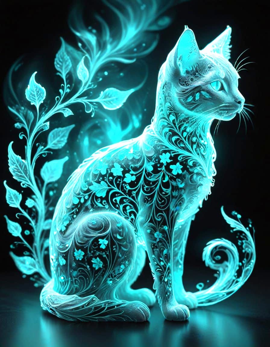 Ethereal Turquoise Cat in Abstract Filigree Pattern