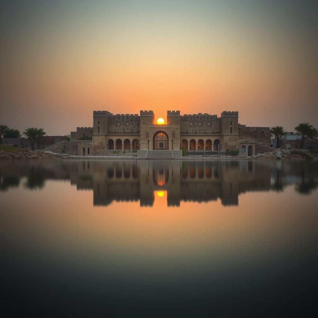 Arabian City Ruins Reflected at Sunset