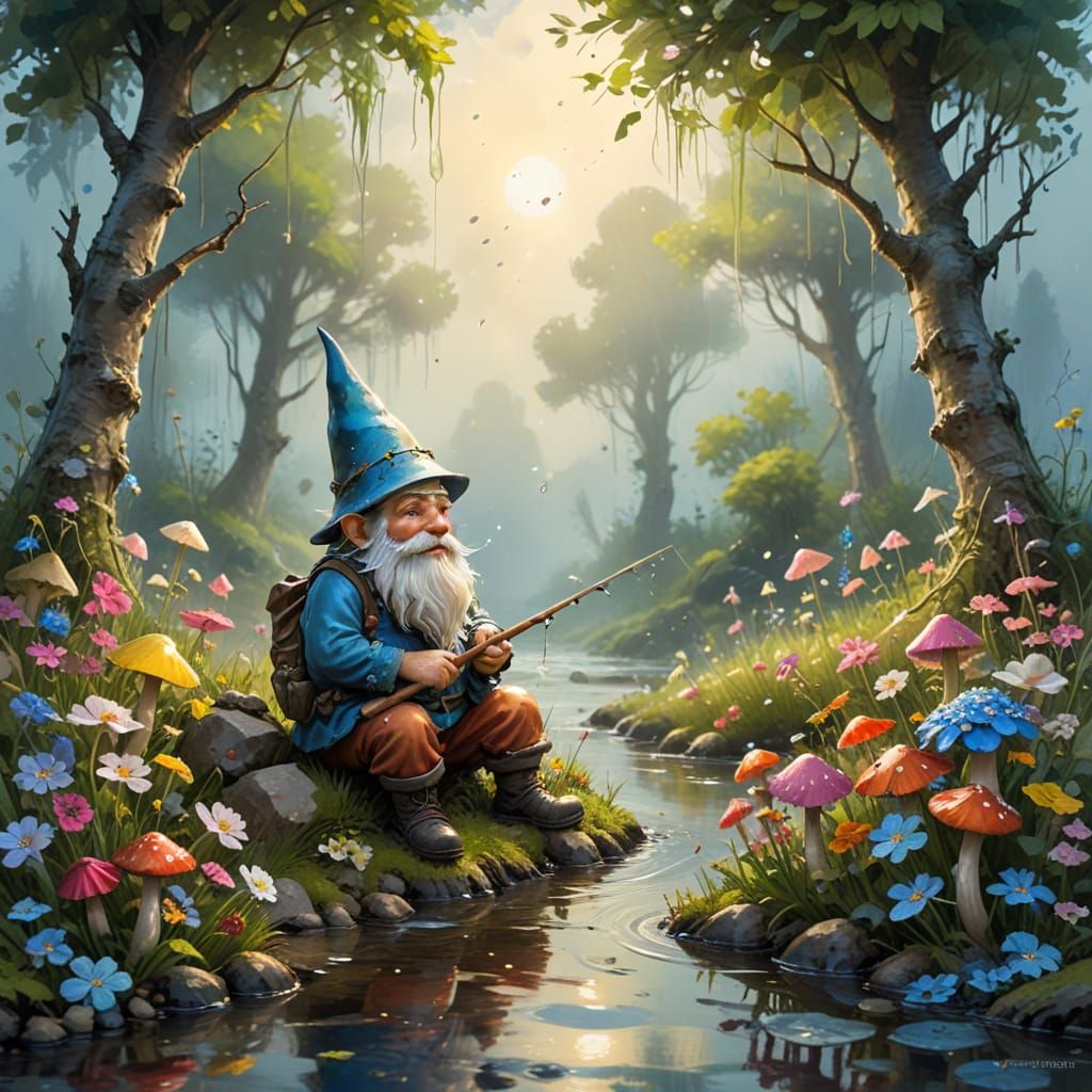 Grumpy Gnome Fishing by Mushroom Lake, Fairytale Flowers