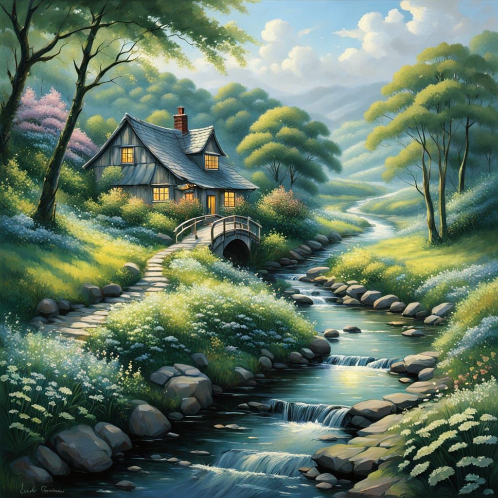 A valley stretches beneath a sky brushed in warm, buttery li...