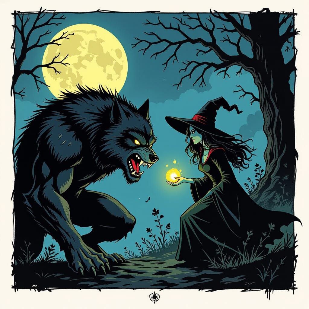 Werewolf and Witch Graphic Novel Page in Horror Style
