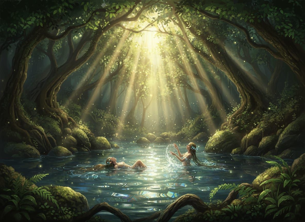 Sunlit Hidden Pool in Mystical Forest with Nymphs