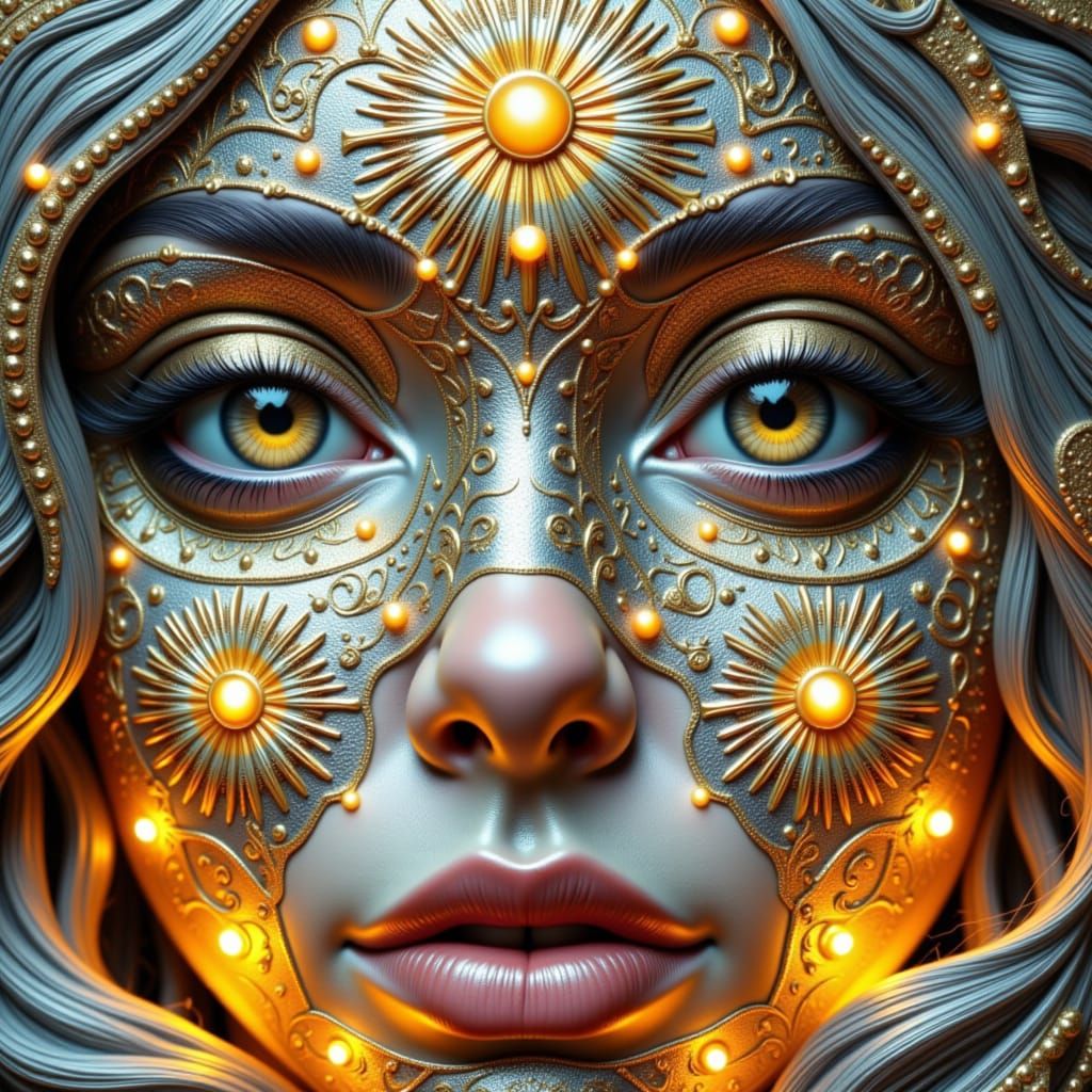 Maiden Portrait with Gilded Patchwork and Mandala Patterns