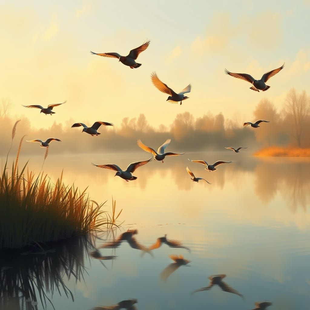 Ducks in Flight over Golden Pond Landscape