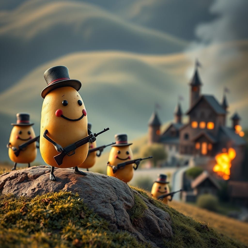 Potato Revolutionaries March Towards a Burning Town in Whims...