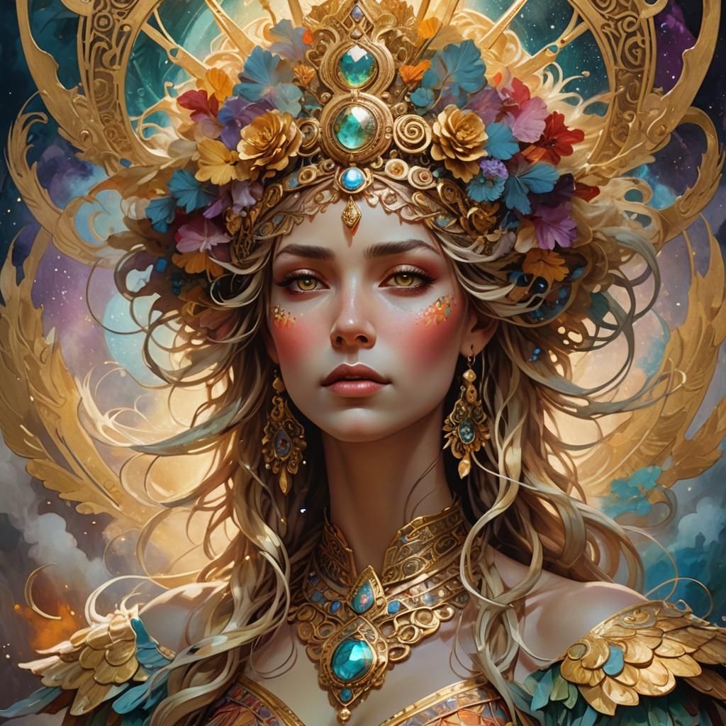 Goddess with Golden Headdress in Art Nouveau Style