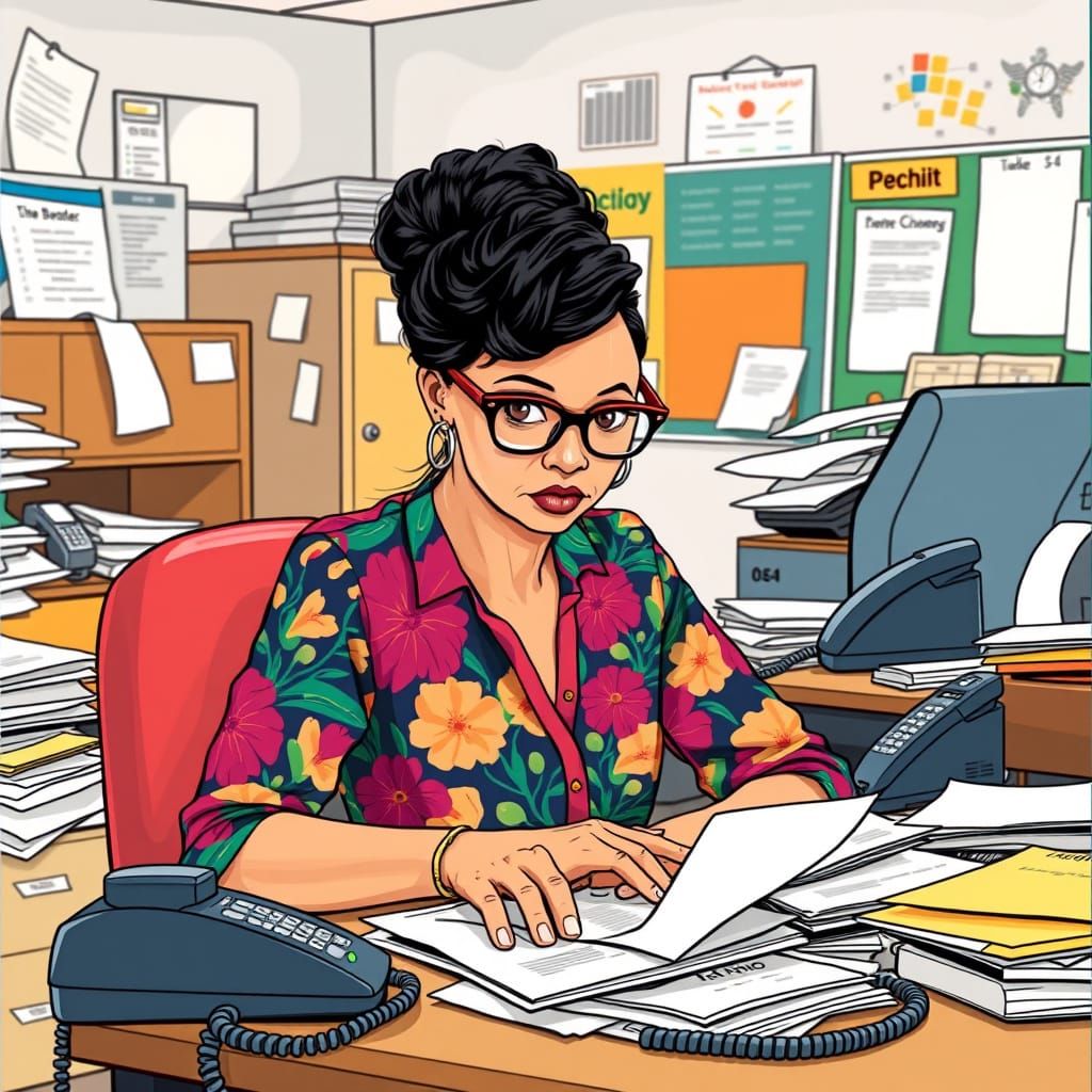 Stressed Woman in Busy Office, Illustration