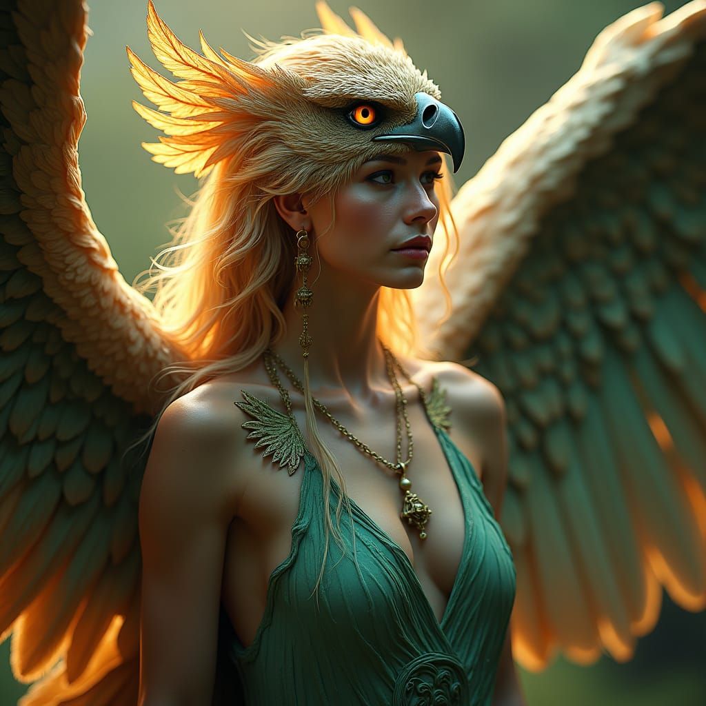 Winged Woman: Half-Human, Half-Eagle in Art Nouveau Style