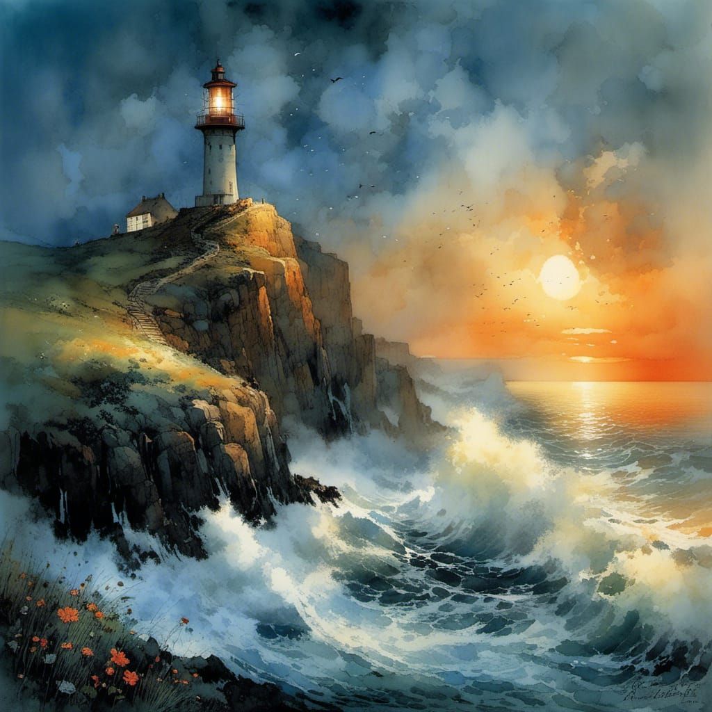 Coastal Lighthouse Sunset with Gigantic Waves