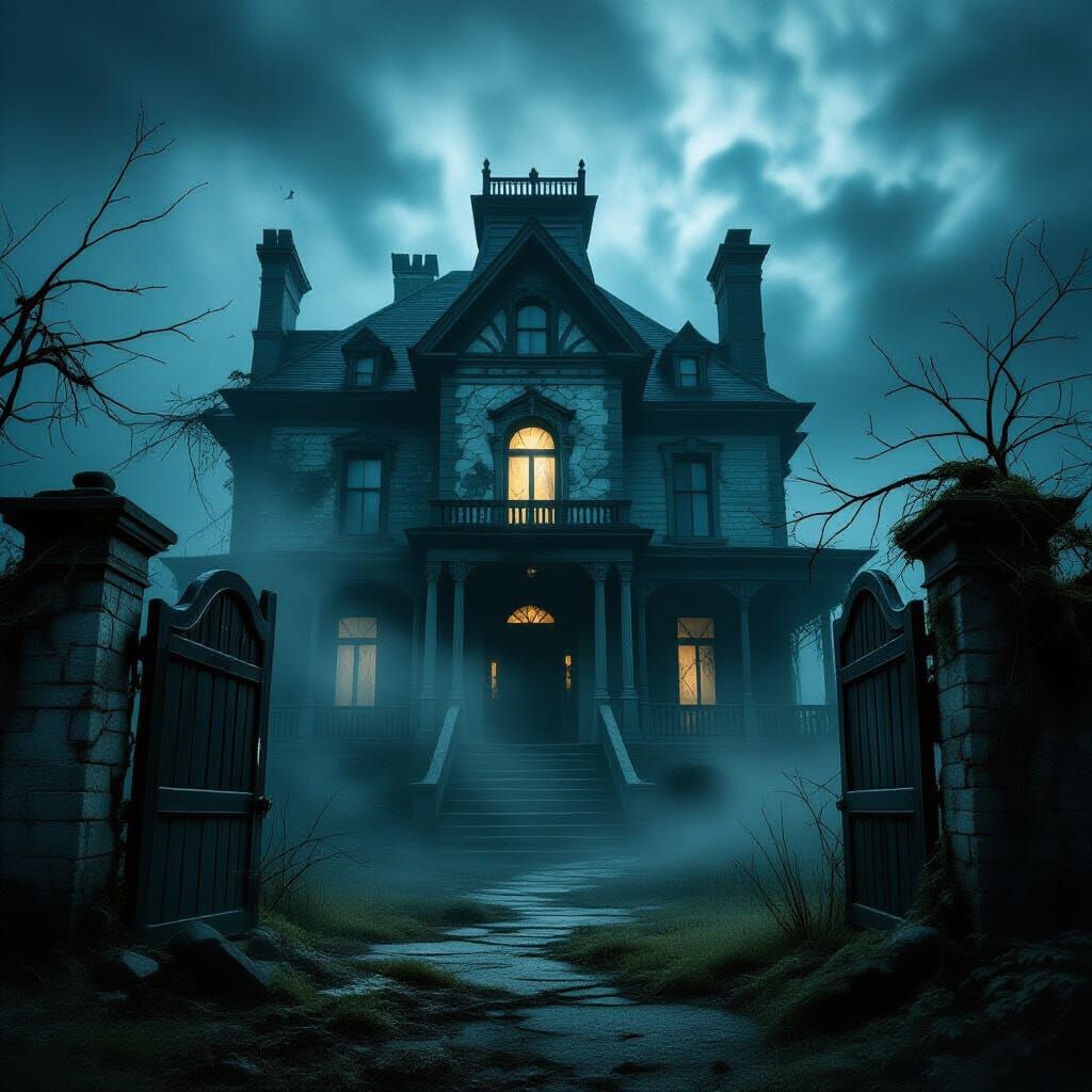 Haunted Mansion with Ghostly Glow Amidst Storm