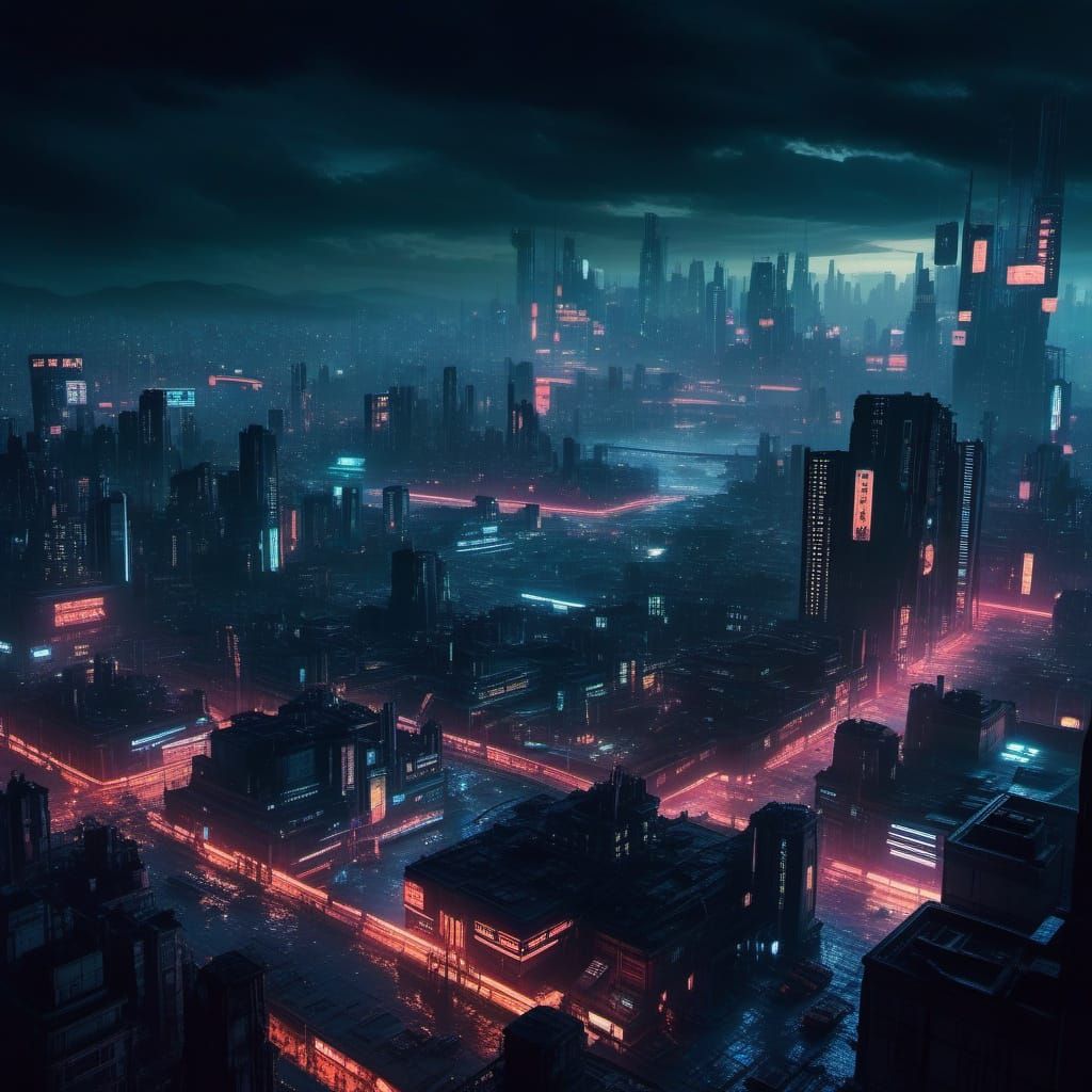 Cyberpunk Cityscape at Dusk in Neon Lights