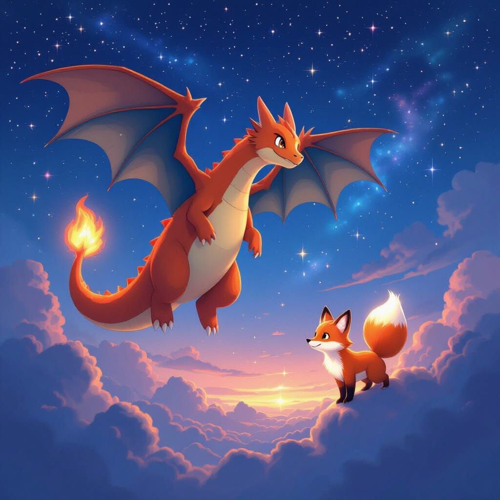 Charizard Tiger Hybrid and Fox in Starry Night Sky