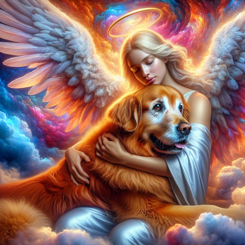 Angel Hugging Golden Retriever: Hyperrealistic Digital Art