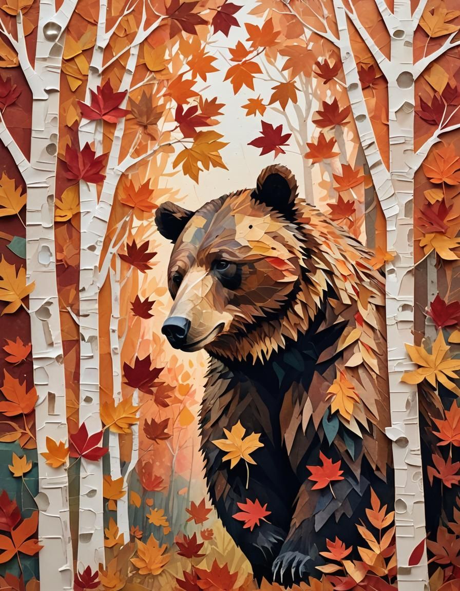 Impressionist Paper Collage of Bear Under Autumn Tree
